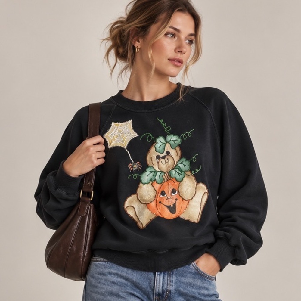 Jerzees Halloween Sweatshirt Mens L Black Pumpkin Bear Vintage 90s Made in USA